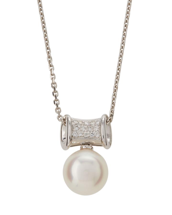 14k White Gold Diamond Tube & Pearl Necklace