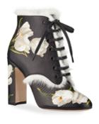 Floral-print Leather Fur Lace-up Booties