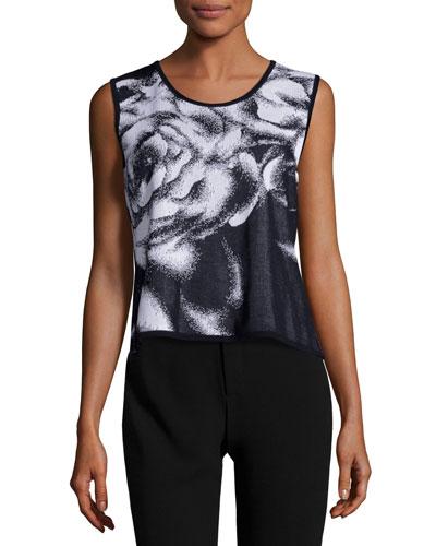 Floral-print Scoop-neck Tank, Black/white