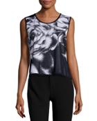 Floral-print Scoop-neck Tank, Black/white