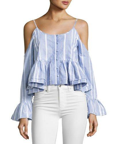 Striped Cotton Cold-shoulder Cropped Blouse