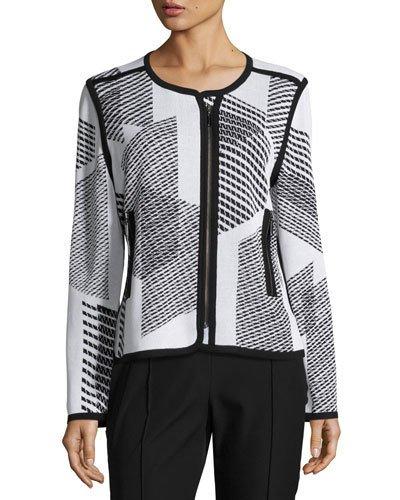 Geometric-print Textured Zip Jacket, White/black