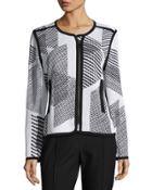 Geometric-print Textured Zip Jacket, White/black