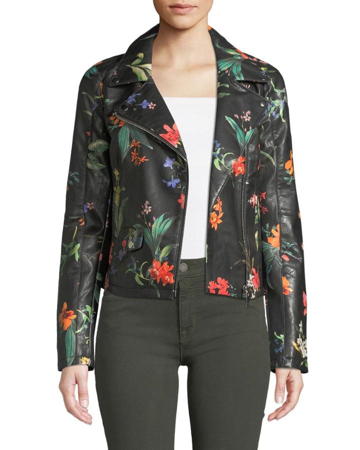 Floral-painted Faux-leather Bomber Jacket