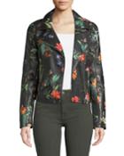 Floral-painted Faux-leather Bomber Jacket