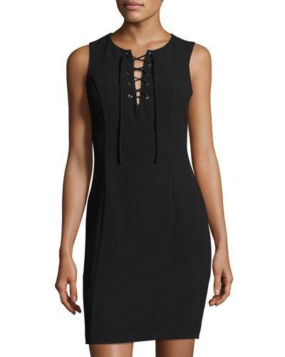 Sleeveless Lace-front Sheath Dress, Rich Black