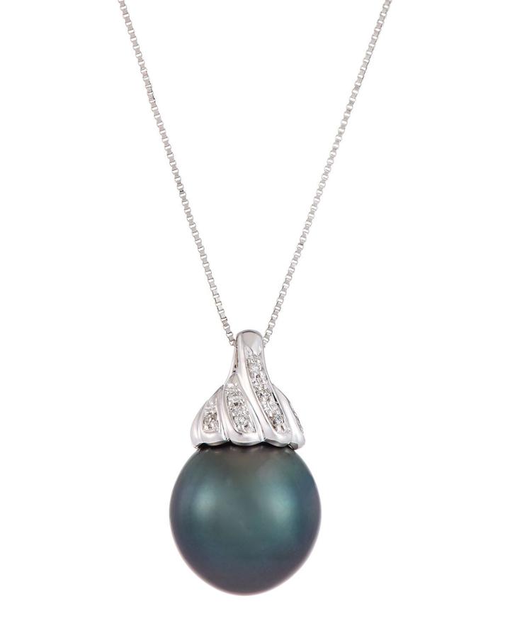 14k White Gold Tahitian Pearl Pendant Necklace W/ Diamonds