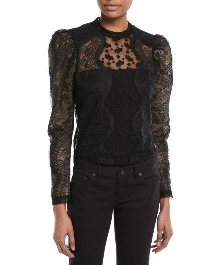 Scalloped Floral Lace Puff-sleeve Top