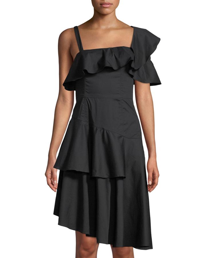 One-shoulder Poplin Flutter Dress