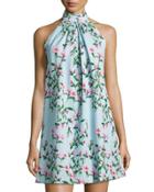 Monte-petal Trellis-print Halter Dress, Blue Pattern