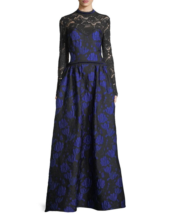 Long-sleeve Lace-yoke Floral Brocade Ball Gown