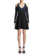 Striped Knit Fit-and-flare Cold-shoulder Dress