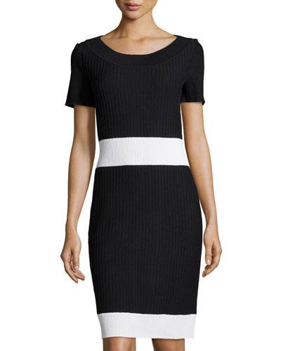 Ribbed Short-sleeve Sweater Dress, Black/white