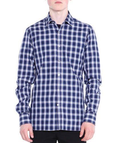Shadow-plaid Long-sleeve Shirt, Black/blue