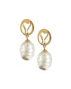 Golden 14mm Baroque Pearl Drop Earrings, White