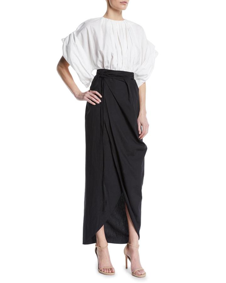 Wide-sleeve Faux-wrap Long Two-tone Cotton Dress