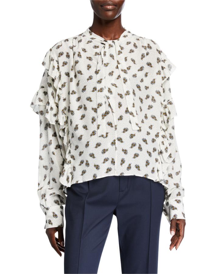 Floral-print Ruffled Tie-neck
