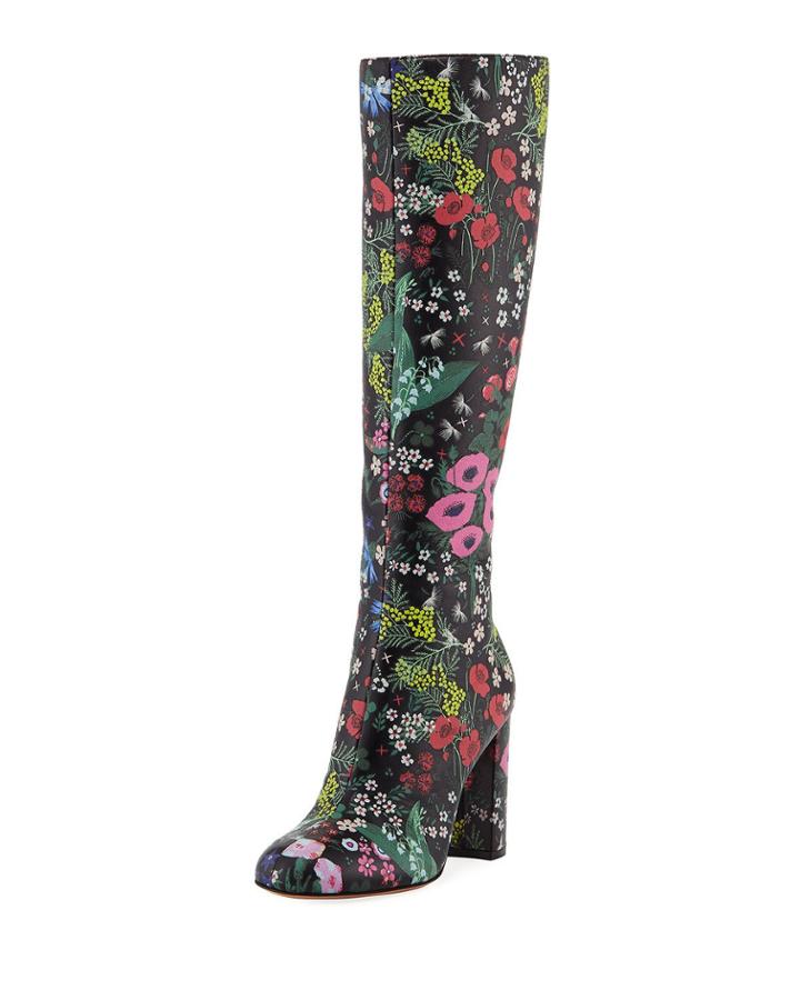 Floral-print Leather Knee Boots