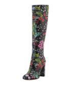 Floral-print Leather Knee Boots