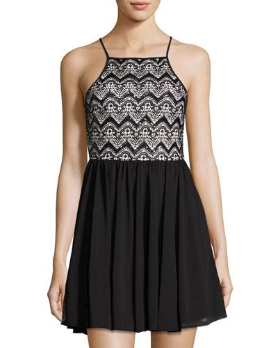Sequined Lace & Mesh Dress, Black/white