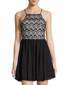 Sequined Lace & Mesh Dress, Black/white