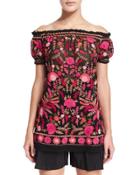 Off-the-shoulder Embroidered Peasant Blouse, Red/black/multi