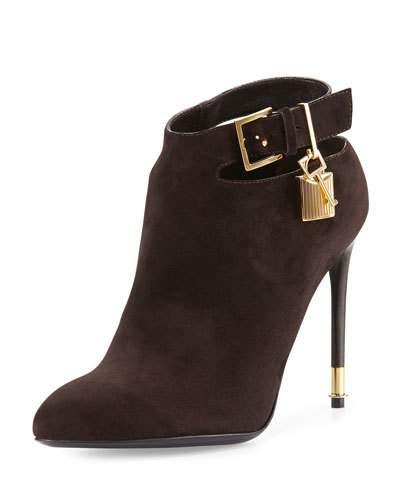 Suede Ankle-strap Bootie, Dark Brown