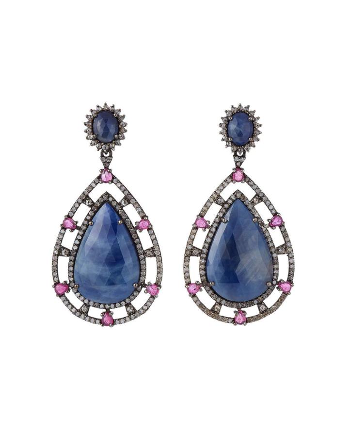 Blue Sapphire Teardrop Earrings W/ Glass Rubies & Diamonds