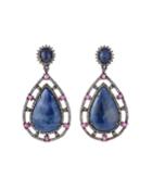 Blue Sapphire Teardrop Earrings W/ Glass Rubies & Diamonds