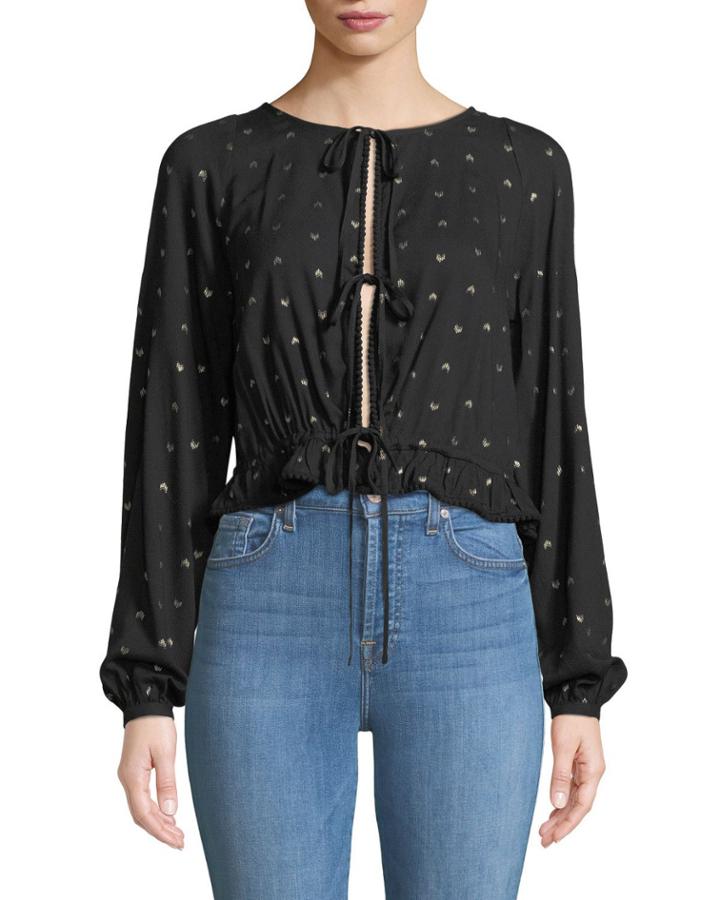 Tie-front Balloon-sleeve Blouse