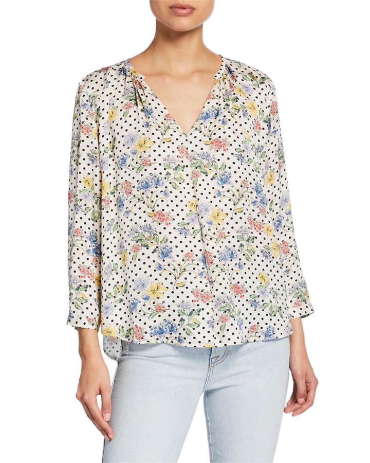 Sasha Floral-print Polka-dot V-neck Bracelet-sleeve Top
