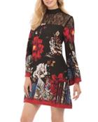 Lace-yoke Mock-neck Printed Dress