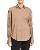 Metallic Lace-sleeve Button-down