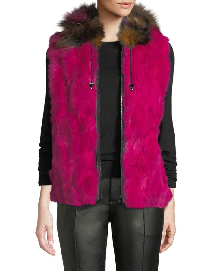 Zip-front Rabbit/fox Fur Vest, Fuchsia