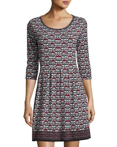 3/4-sleeve Tuck-pleat Printed Jersey Dress,