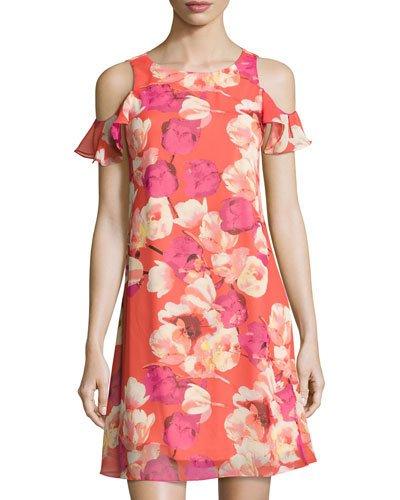 Floral-print Flutter-sleeve Dress, Pink Pattern