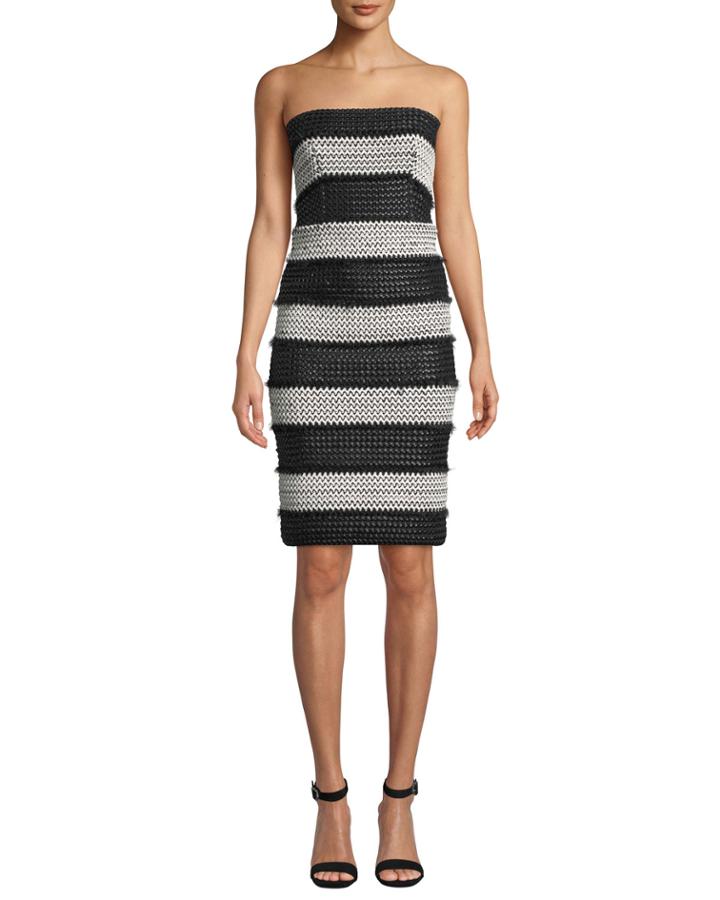 Sasha Woven Faux-leather Strapless Sheath Dress W/ Feather Trim