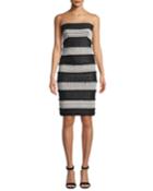 Sasha Woven Faux-leather Strapless Sheath Dress W/ Feather Trim