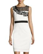 Lace-yoke Sleeveless Sheath Dress, White/black