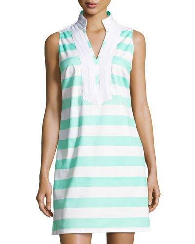 Contrast-trim Striped Linen Tunic Dress, Green/white