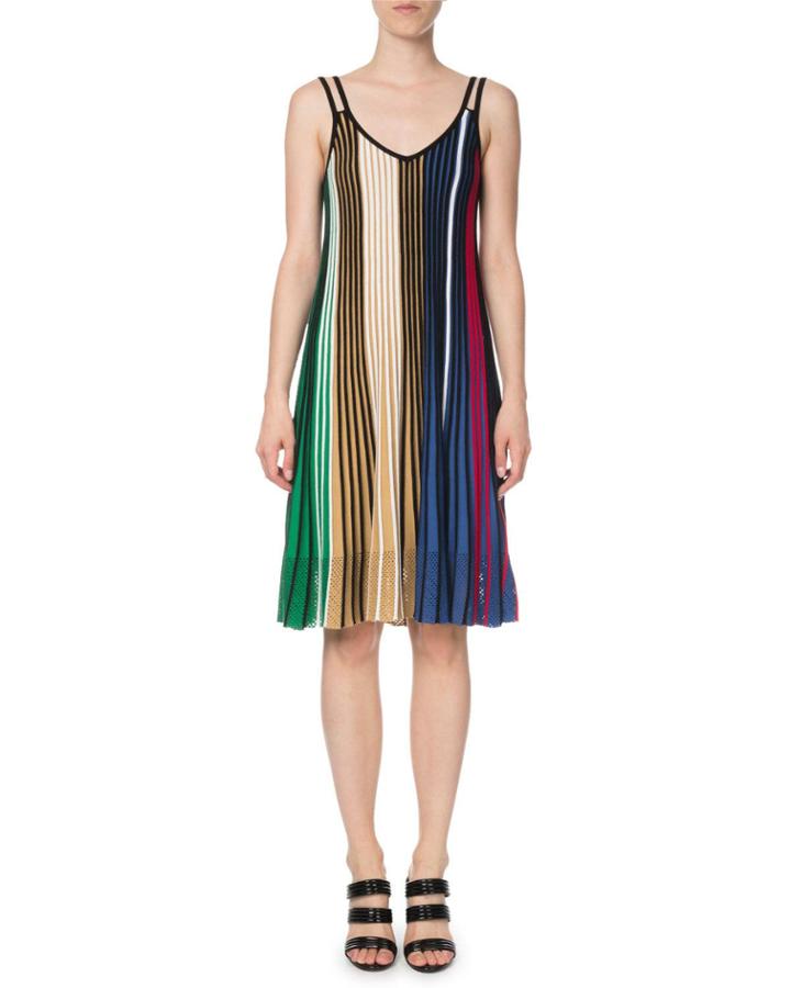 Vertical-stripe Sleeveless Mesh V-neck Dress