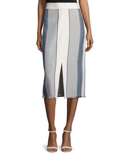 Adelina Striped Pencil Skirt W/ Fringe Hem