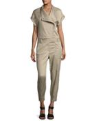 Spread-collar Scuba Jumpsuit, Brown