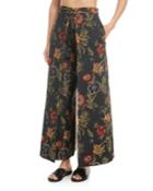 Pleat-front Stretch Floral Satin Jacquard Culotte Pants