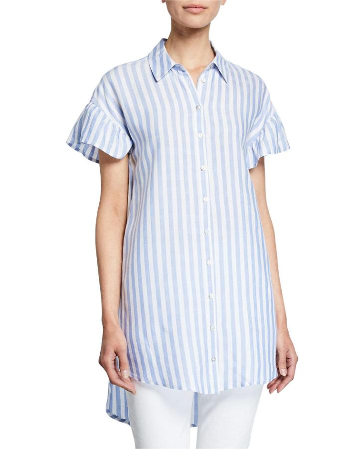 Button-down Stripe Flutter-sleeve Tunic