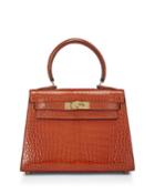 Kelly 20 Caiman Crocodile Top Handle Bag, Orange