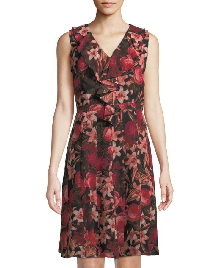 Floral Ruffle-front Sleeveless Fit-and-flare Dress