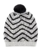 Chevron Fuzzy Knit Hat W/fur Pompom