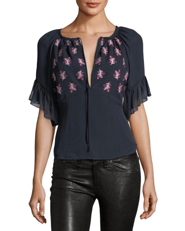 Daria Split-neck Silk Blouse With Floral-embroidery