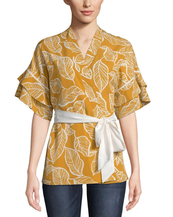 Leaf Printed Ruffle Tiered-sleeve Kimono